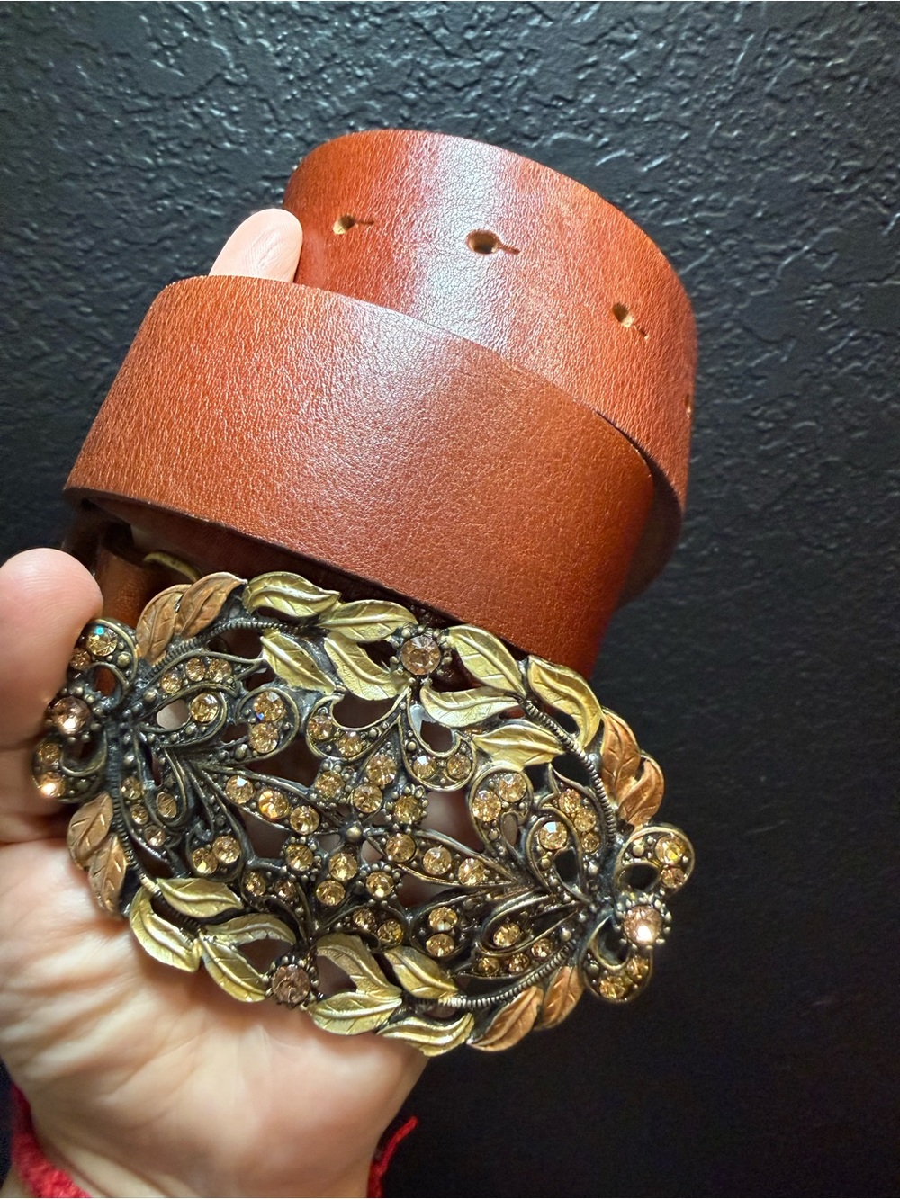 Cabi Brown Leather Belt Rhinestones Buckle Sz Medium 32"